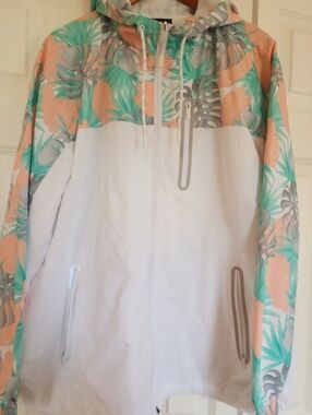 Size L - CSG Tropical Print Hooded Windbreaker Jacket - White & Mint